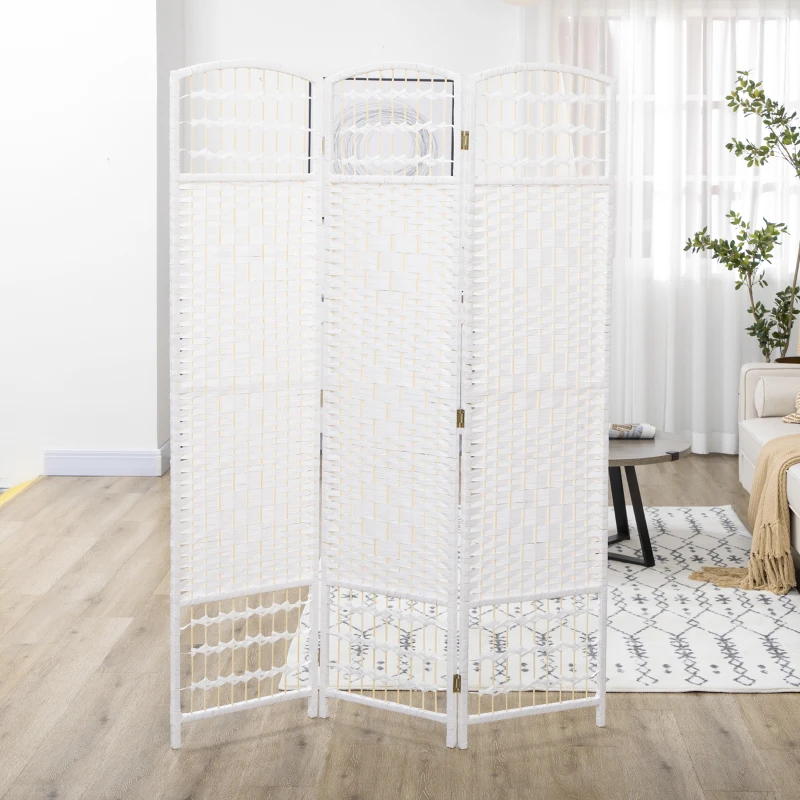 HOMCOM Biombo Separador de Ambientes de 3 Painéis 120x170 cm Divisória de Ambientes Dobrável com Corda de Papel e Estrutura de Madeira Branco