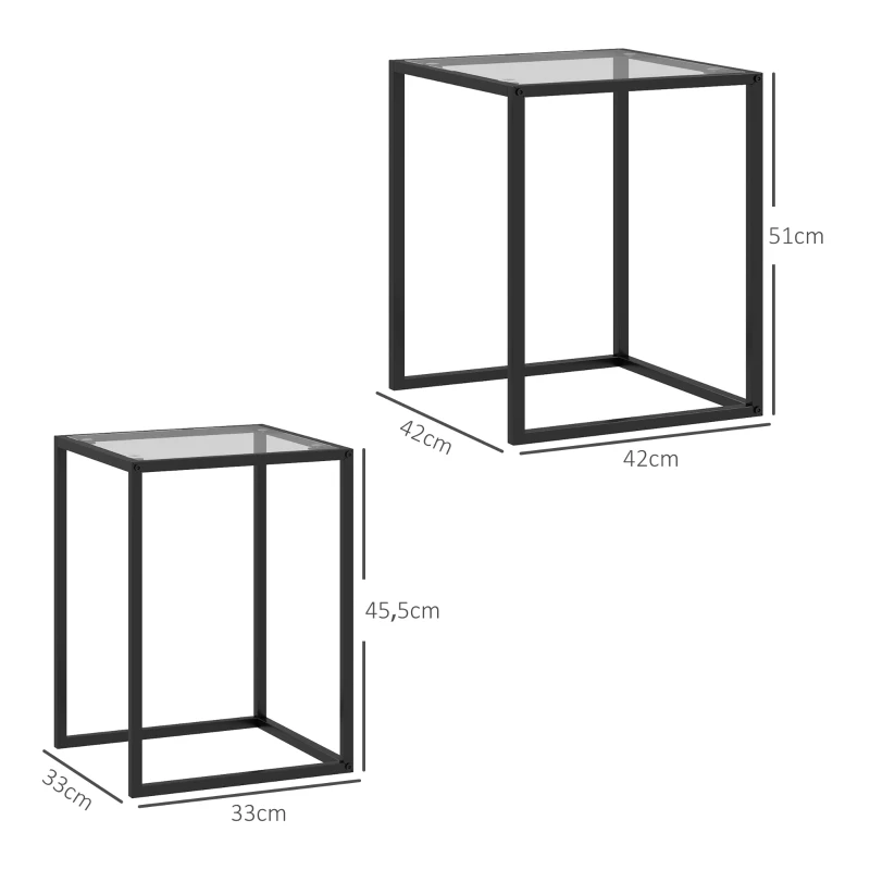 HOMCOM Conjunto de 2 Mesas de Centro Quadradas Empilháveis com Bancada de Vidro Temperado e Estrutura de Aço 33x33x45,5 cm e 42x42x51 cm Preto