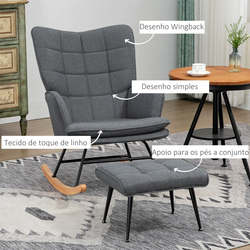 HOMCOM Conjunto de Poltrona Baloiço com Apoio para os Pés Poltrona Relax com Almofada Acolchoada e Anti-Tombo 64x89x90 cm Cinza
