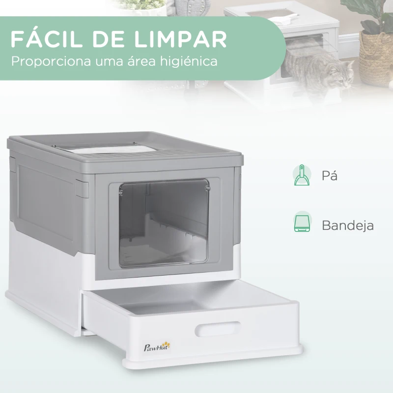 PawHut Caixa de Areia para Gatos Dobrável Caixa de Areia para Gatos Fechada com Bandeja Removível e Pá 47,5x35,5x36,7cm Cinza