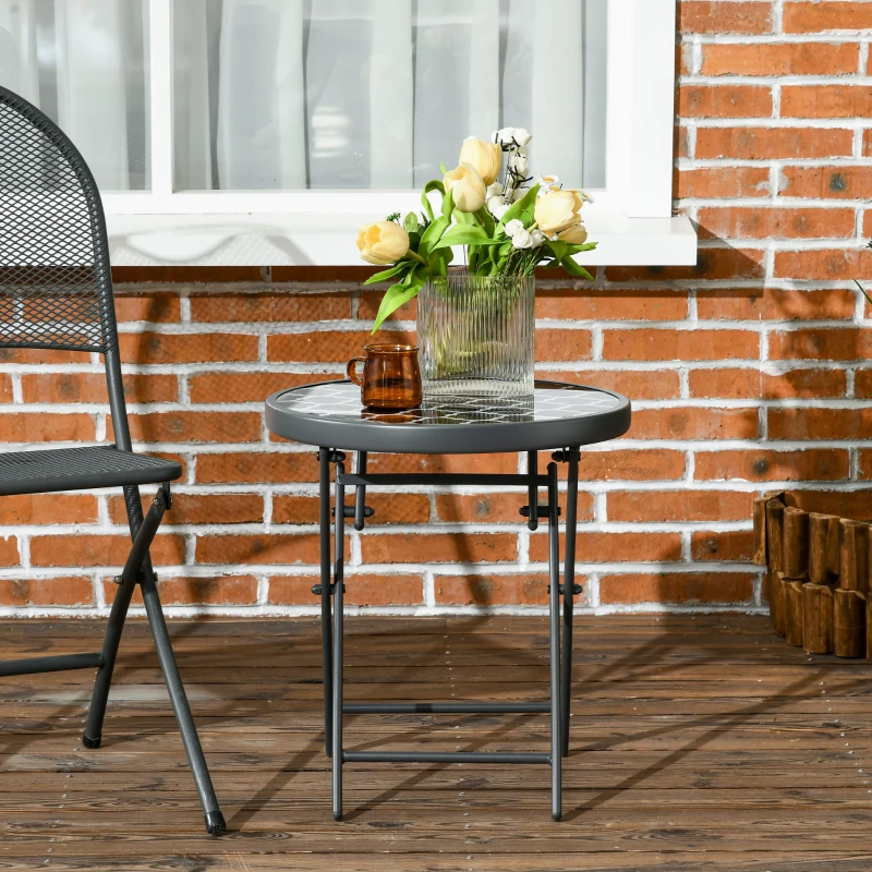 Outsunny Φ45cm Garden Side Table, Outdoor Round Folding Patio Table with Imitation Marble Glass Top, Small Coffee Table, Black and White