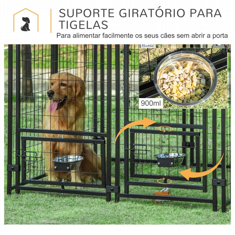 PawHut Parque para Cães com 8 Painéis 2 Suportes Giratórios para Comida 2 Tigelas e Toldo Impermeável 141x141x153 cm Preto e Vermelho