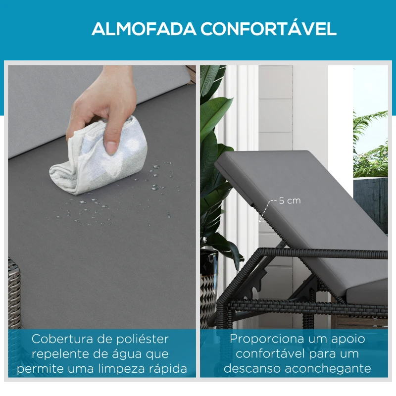 Outsunny Espreguiçadeira de Vime com Encosto Ajustável em 5 Posições Acolchoado e 2 Rodas 73x200x48 cm Cinza Claro e Preto