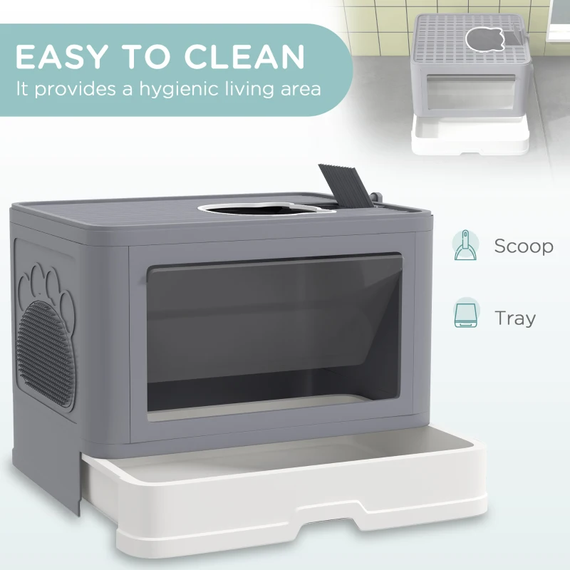 PawHut Enclosed Cat Litter Box with lid, Front Entry, Top Exit, Drawer, Tray, Scoop, Brush, 48.5 x 38 x 36.5cm - Grey