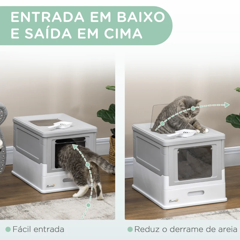 PawHut Caixa de Areia para Gatos Dobrável Caixa de Areia para Gatos Fechada com Bandeja Removível e Pá 47,5x35,5x36,7cm Cinza