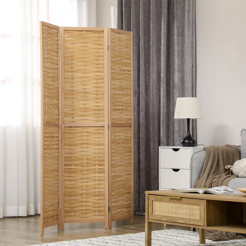 HOMCOM Biombo de 3 Paineis Separador de Ambientes Dobrável 120x1,8x170 cm Divisor de Ambientes com Padrão Tecido em Bambu Madeira