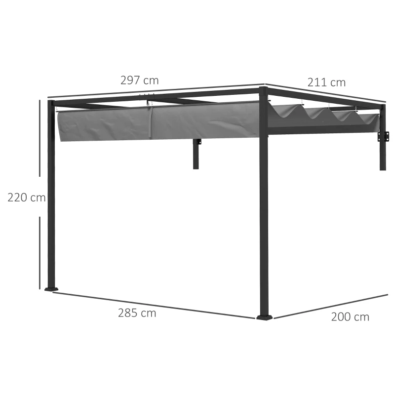 Outsunny Pérgola de Parede 297x211x220 cm Pérgola de Jardim com Teto Retrátil e Estrutura de Aço Pérgola para Pátio Exterior Cinza Escuro