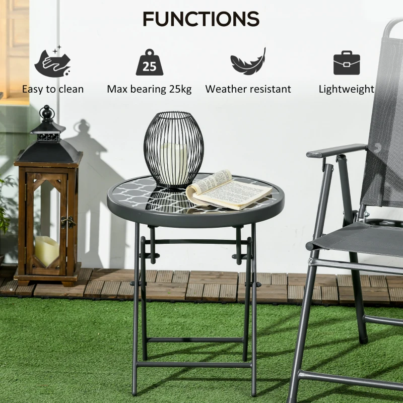 Outsunny Φ45cm Garden Side Table, Outdoor Round Folding Patio Table with Imitation Marble Glass Top, Small Coffee Table, Black and White