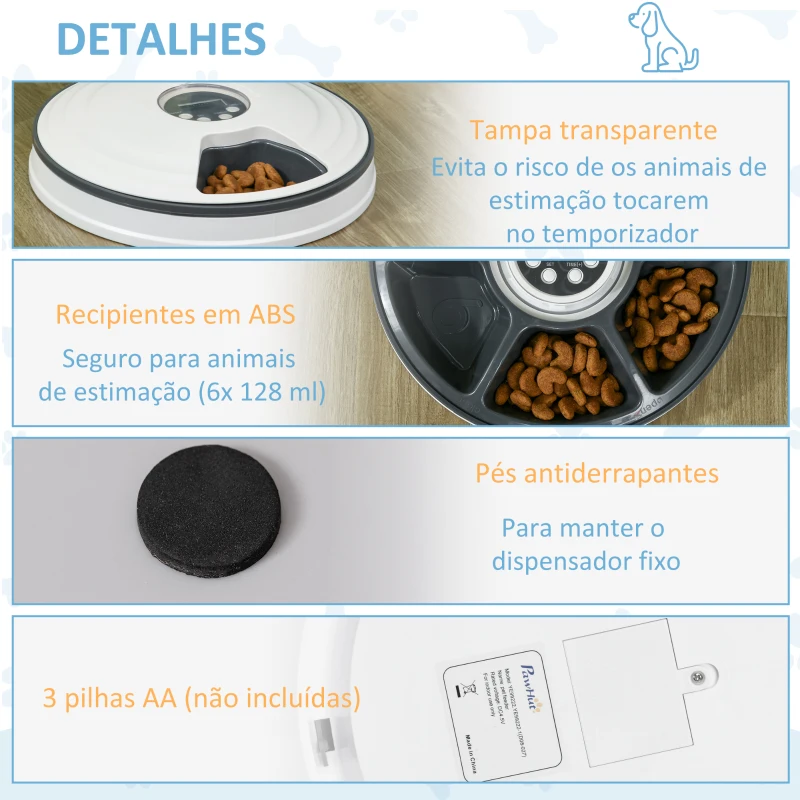 PawHut Comedouro Automático para Cães e Gatos com Temporizador Ecrã LED Digital 6 Tigelas 128 ml e 4 Comidas Diárias Ø30,5x7,2 cm Branco