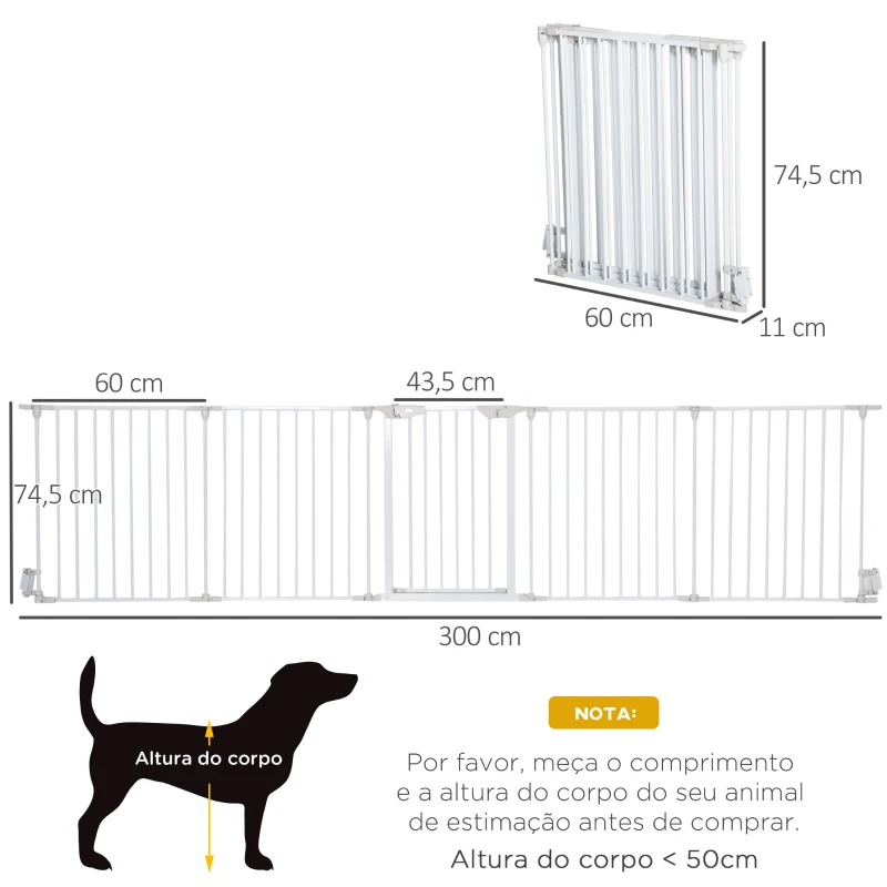 PawHut Barreira de Segurança para Animais de Estimação Barreira Dobrável de 5 Painéis com Fechadura Inteligente 300x74,5 cm Branco