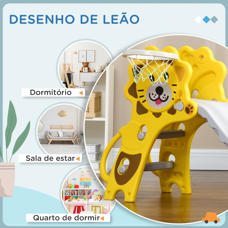 AIYAPLAY Escorrega para Crianças 2 em 1 com 2 Degraus Cesta de basquetebol e Desenho de Leão para Interior 131x50x74 cm Amarelo e Cinza