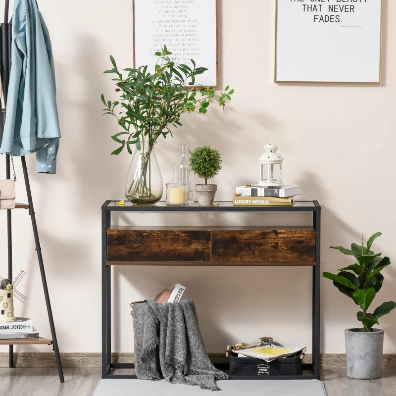 HOMCOM Tavolo Consolle da Ingresso e Soggiorno, Ripiano in Vetro, Mensola e 2 Cassetti, in Metallo e Legno, Nero e Marrone, 100x35x76cm