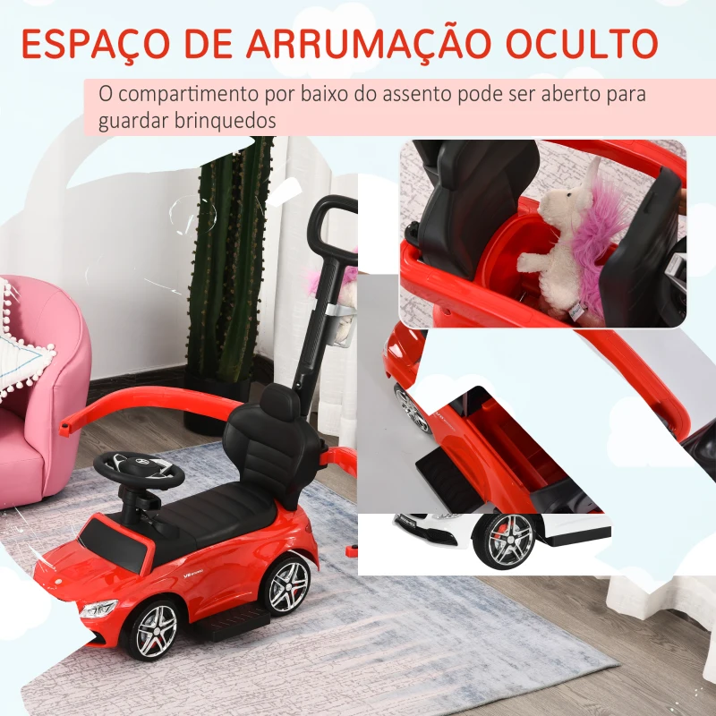 HOMCOM Carro Andador para Bebé Mercedes AMG C63 com Barreira de Segurança Buzina e Assento de Armazenamento 84x40x83 cm Vermelho