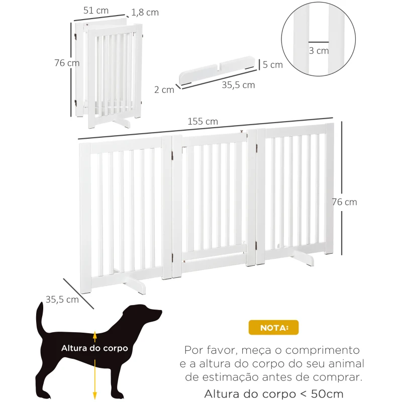 PawHut Barreira para Cães de Madeira Barreira para Animais de Estimação Dobrável de 3 Painéis com 1 Porta e Pés de Apoio 155x35,5x76 cm Branco