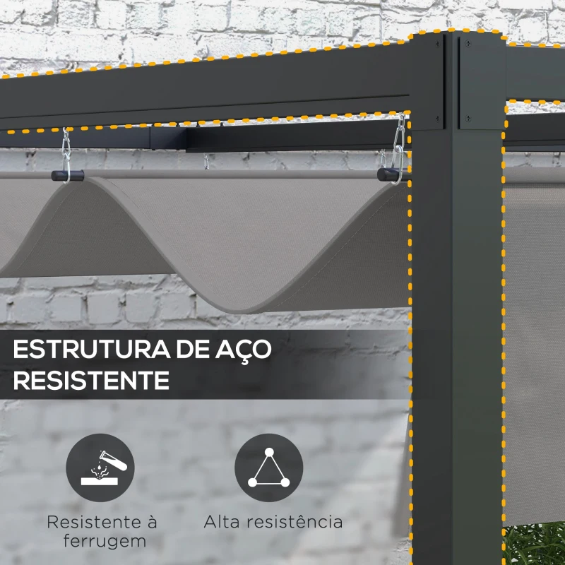 Outsunny Pérgola de Parede 297x211x220 cm Pérgola de Jardim com Teto Retrátil e Estrutura de Aço Pérgola para Pátio Exterior Cinza Escuro