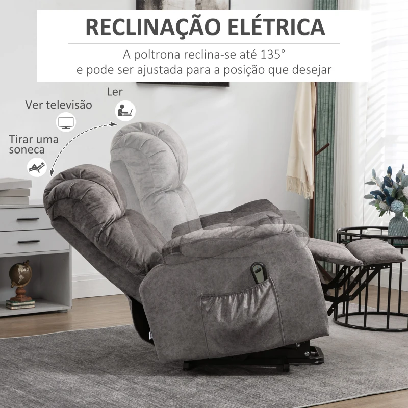 HOMCOM Poltrona Levanta Pessoas Estofada em Veludo com Reclinação Elétrica 135° e Apoio para os Pés 83x91x100 cm Cinza