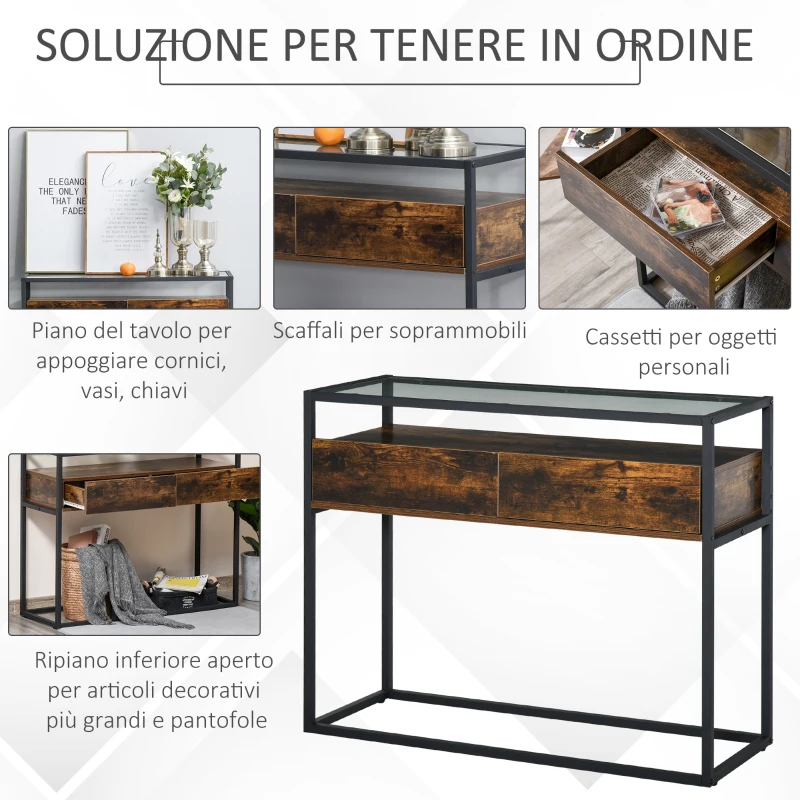 HOMCOM Tavolo Consolle da Ingresso e Soggiorno, Ripiano in Vetro, Mensola e 2 Cassetti, in Metallo e Legno, Nero e Marrone, 100x35x76cm