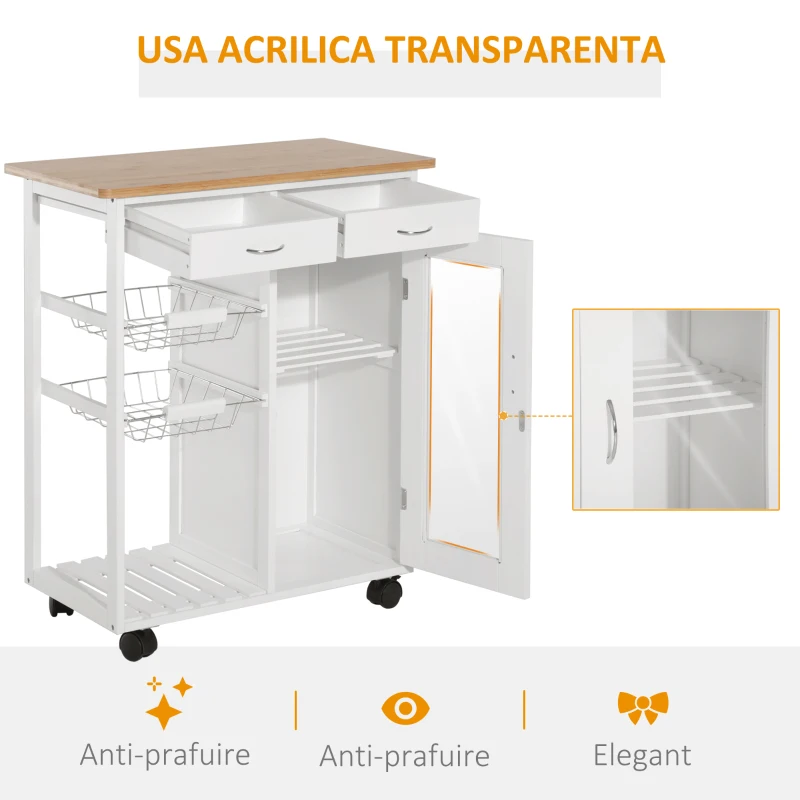 HOMCOM carucior cu roti bucatarie, lemn de pin, 70x37x85cm