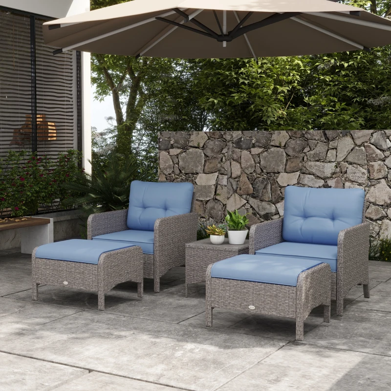 Outsunny 5 Pieces PE Rattan Garden Furniture Set, Wicker Outdoor Sofa Set w/ 2 Armchairs 2 Stools Glass Top Table Cushions, Blue