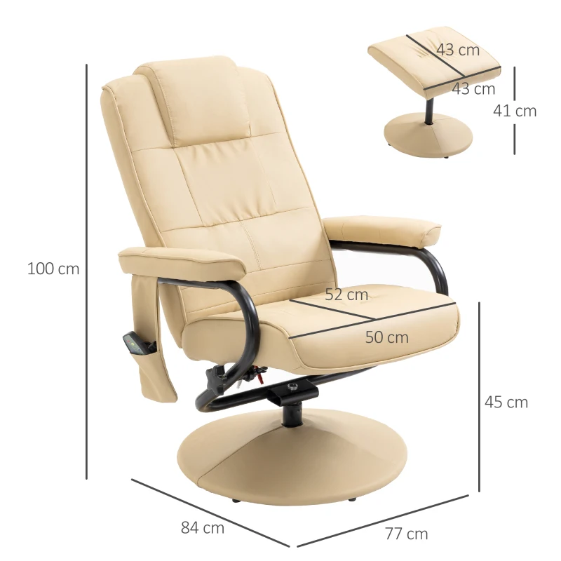 HOMCOM massagestoel relaxstoel tv-stoel stoel met massagefunctie incl. krukje kunstleer crèmewit 77 x 84 x 95 cm
