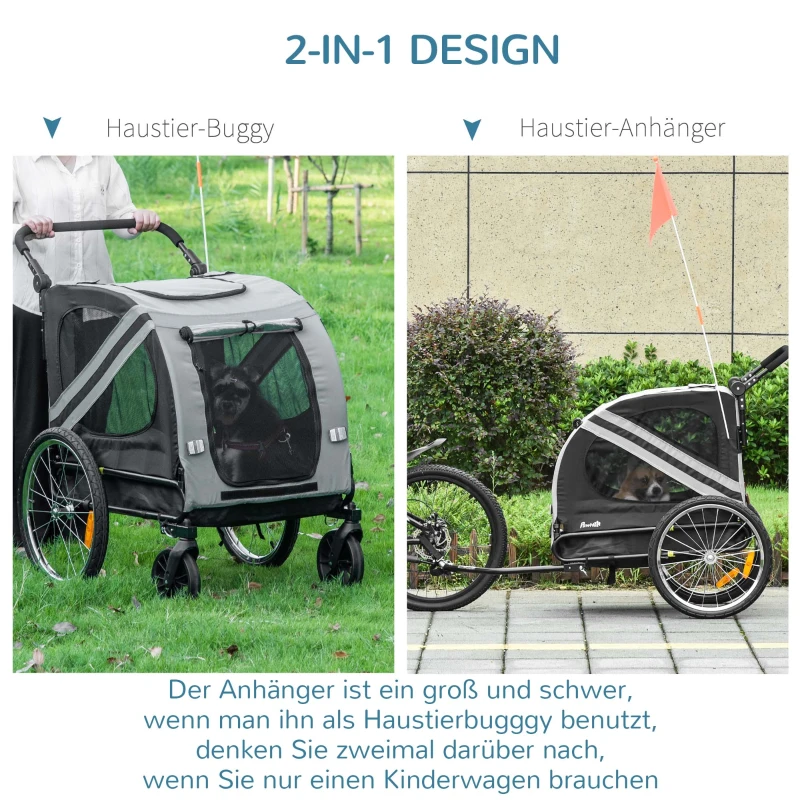 PawHut 2-in-1 Hundeanhänger Hundewagen Fahrradanhänger bis 20kg wasserfest Sicherheitsleine Reflektoren 140 cm x 72, 5 cm x 108 cm Grau