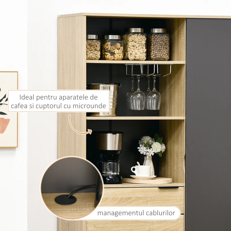 HOMCOM Dulap de bucatarie , dulap de depozitare independent cu 3 rafturi reglabile, sertar si raft de vase pentru camera de zi, sufragerie, natural