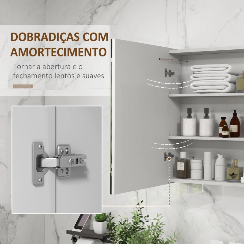 kleankin Armário Casa de Banho com Espelho e Luz LED Interruptor Tátil e Cor da Luz Ajustável 80x15x65 cm Branco Brilhante