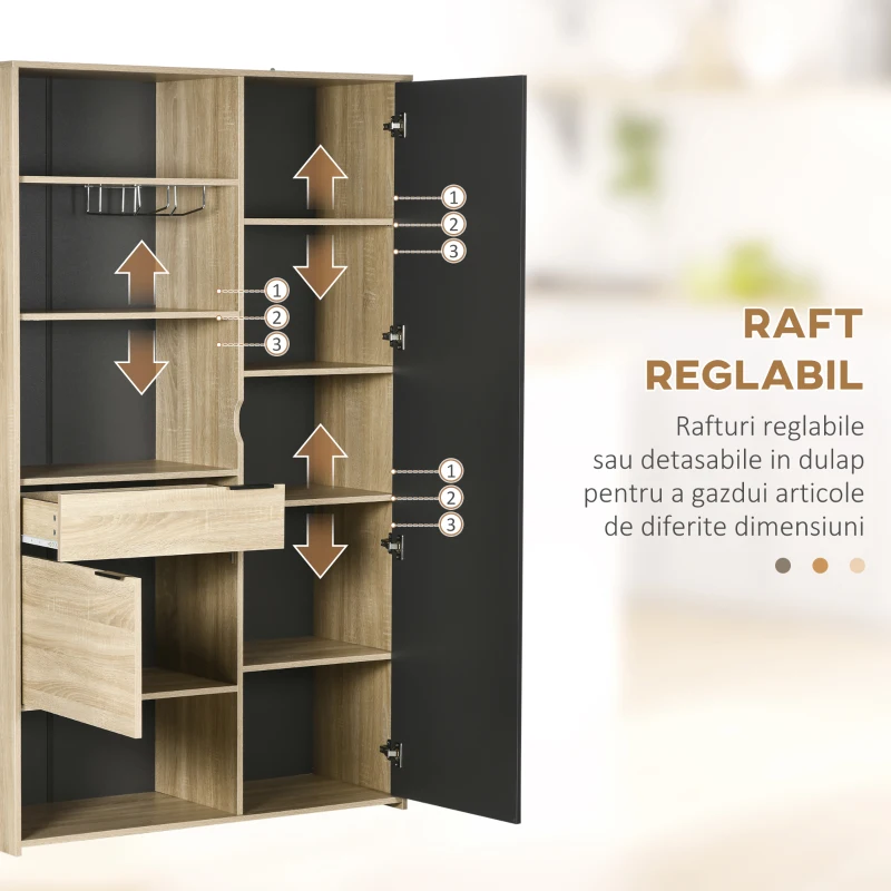 HOMCOM Dulap de bucatarie , dulap de depozitare independent cu 3 rafturi reglabile, sertar si raft de vase pentru camera de zi, sufragerie, natural