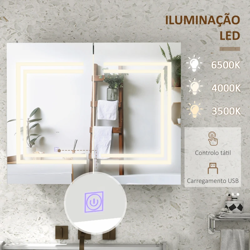 kleankin Armário Casa de Banho com Espelho e Luz LED Interruptor Tátil e Cor da Luz Ajustável 80x15x65 cm Branco Brilhante