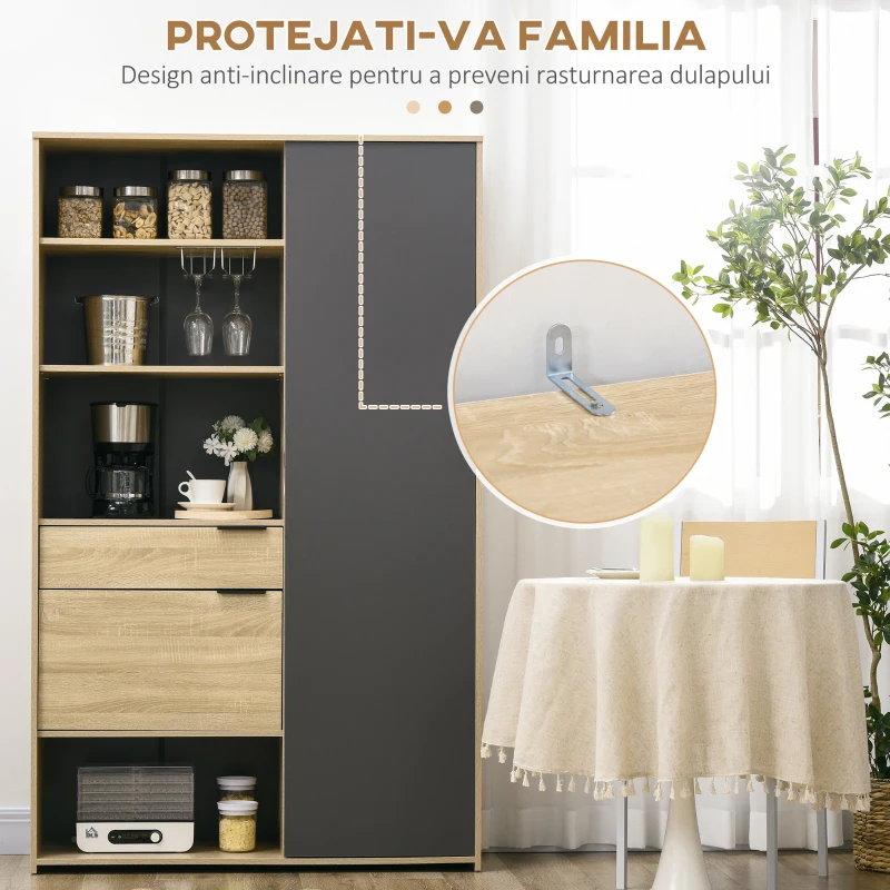 HOMCOM Dulap de bucatarie , dulap de depozitare independent cu 3 rafturi reglabile, sertar si raft de vase pentru camera de zi, sufragerie, natural