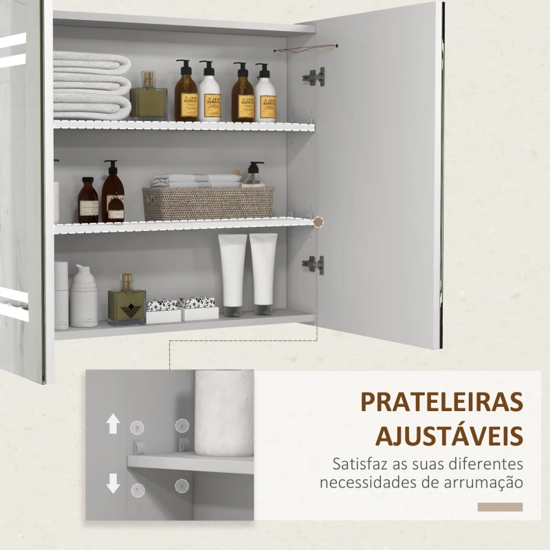 kleankin Armário Casa de Banho com Espelho e Luz LED Interruptor Tátil e Cor da Luz Ajustável 80x15x65 cm Branco Brilhante