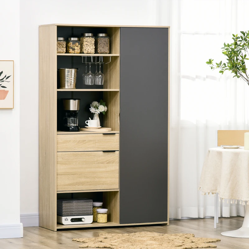 HOMCOM Dulap de bucatarie , dulap de depozitare independent cu 3 rafturi reglabile, sertar si raft de vase pentru camera de zi, sufragerie, natural