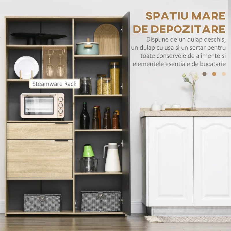 HOMCOM Dulap de bucatarie , dulap de depozitare independent cu 3 rafturi reglabile, sertar si raft de vase pentru camera de zi, sufragerie, natural
