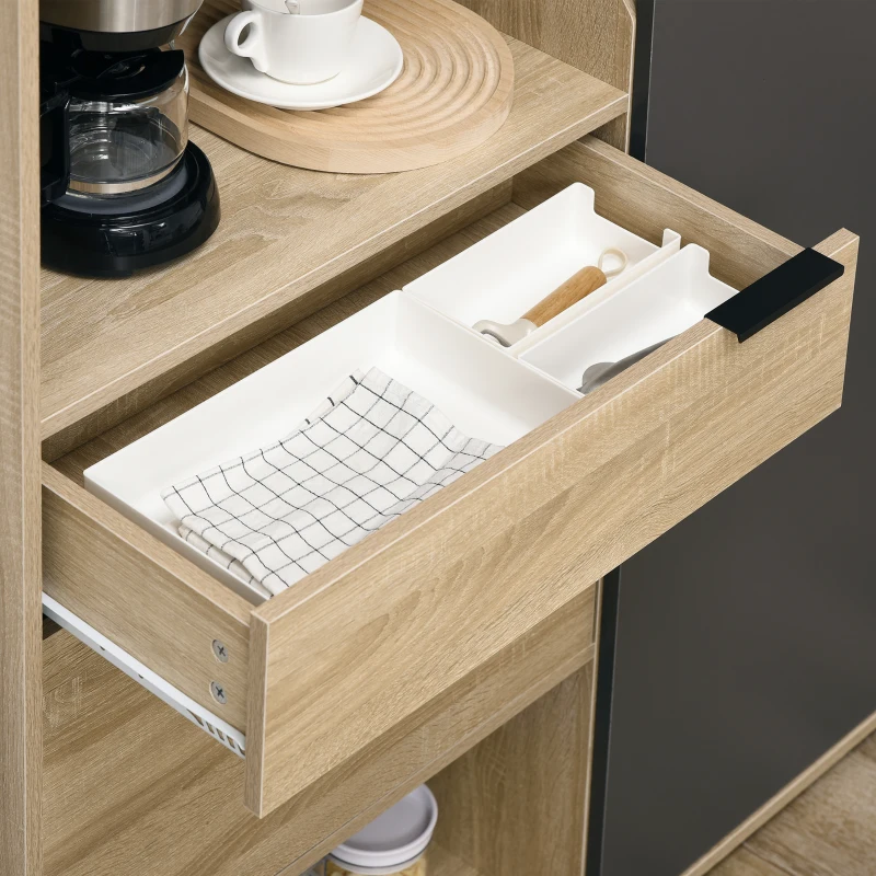 HOMCOM Dulap de bucatarie , dulap de depozitare independent cu 3 rafturi reglabile, sertar si raft de vase pentru camera de zi, sufragerie, natural