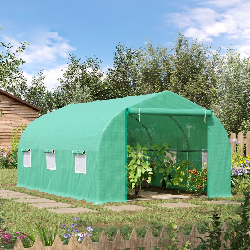 Outsunny Seră pentru Grădină cu 6 Ferestre, Ușă Rulantă și Acoperiș Învelit PE, 4,5x3x2 m, Verde Închis(m-11)
