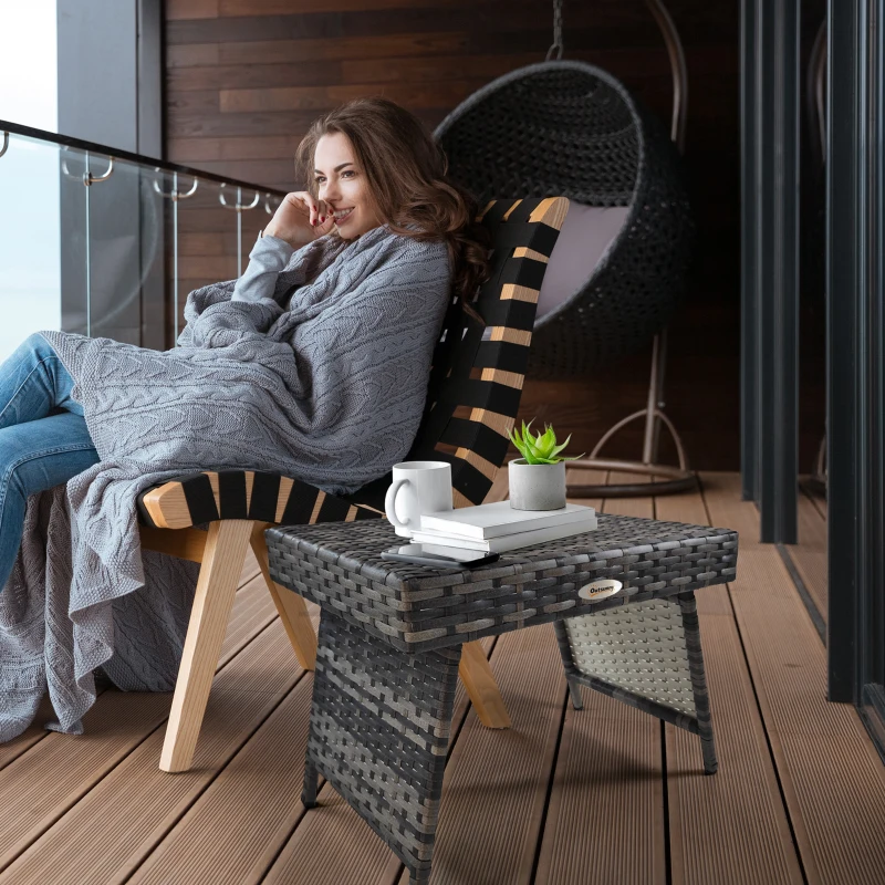 Outsunny Foldable Outdoor Coffee Table, Metal Frame Rattan Side Table, Coffee Table Side Table for Lawn, Garden, Mixed Grey