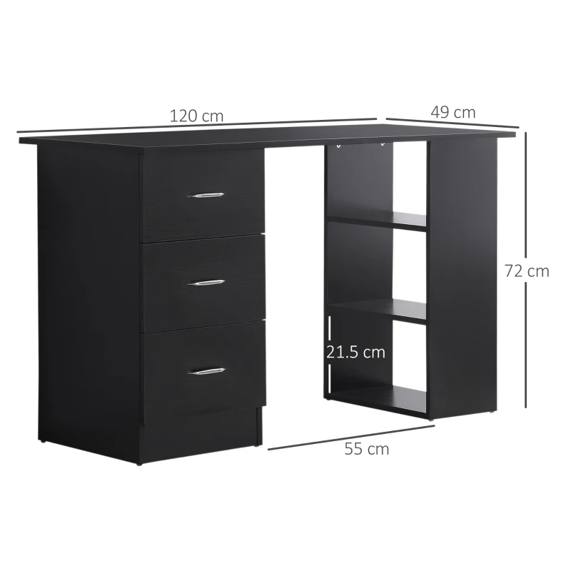 HOMCOM Birou de Modern cu 3 Sertare si Raft de Depozitare, Negru(m-3)