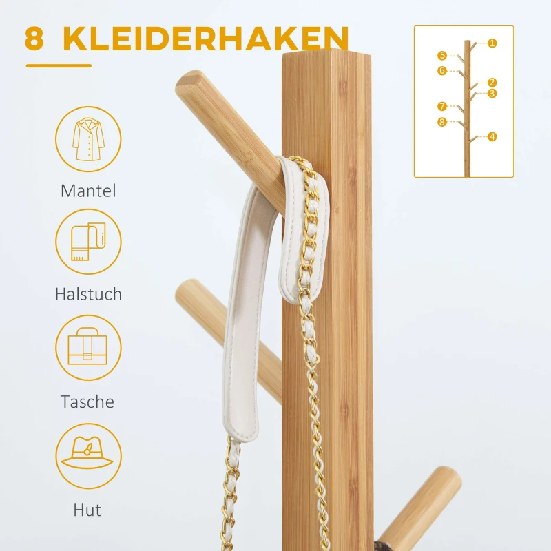 HOMCOM Garderobe Kapstok Hoedenstandaard, 8 Haken, 49,5 cm x 49,5 cm x 178 cm, Natuurlijk