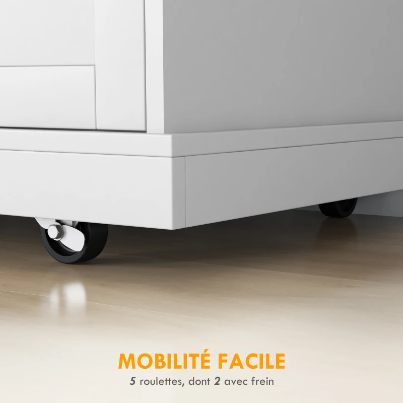 HOMCOM Desserte îlot de cuisine sur roulettes 7 compartiments 1 placard 1 porte 1 porte torchons 129 x 51 x 93 cm bois et blanc(m-6)