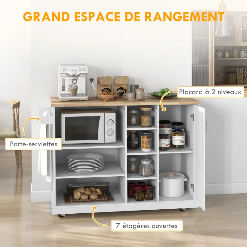 HOMCOM Desserte îlot de cuisine sur roulettes 7 compartiments 1 placard 1 porte 1 porte torchons 129 x 51 x 93 cm bois et blanc(m-4)