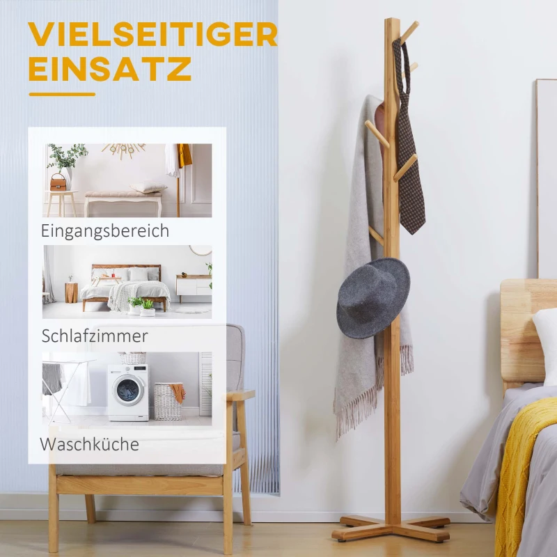 HOMCOM Garderobe Kapstok Hoedenstandaard, 8 Haken, 49,5 cm x 49,5 cm x 178 cm, Natuurlijk