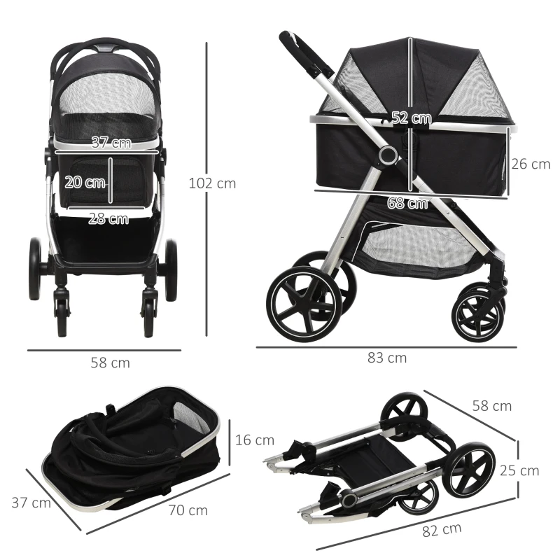 PawHut 2-IN-1 Hondenbuggy Huisdierbuggy, inclusief kussen, opvouwbaar, 1 opbergmand, 83 cm x 58 cm x 102 cm, Zwart