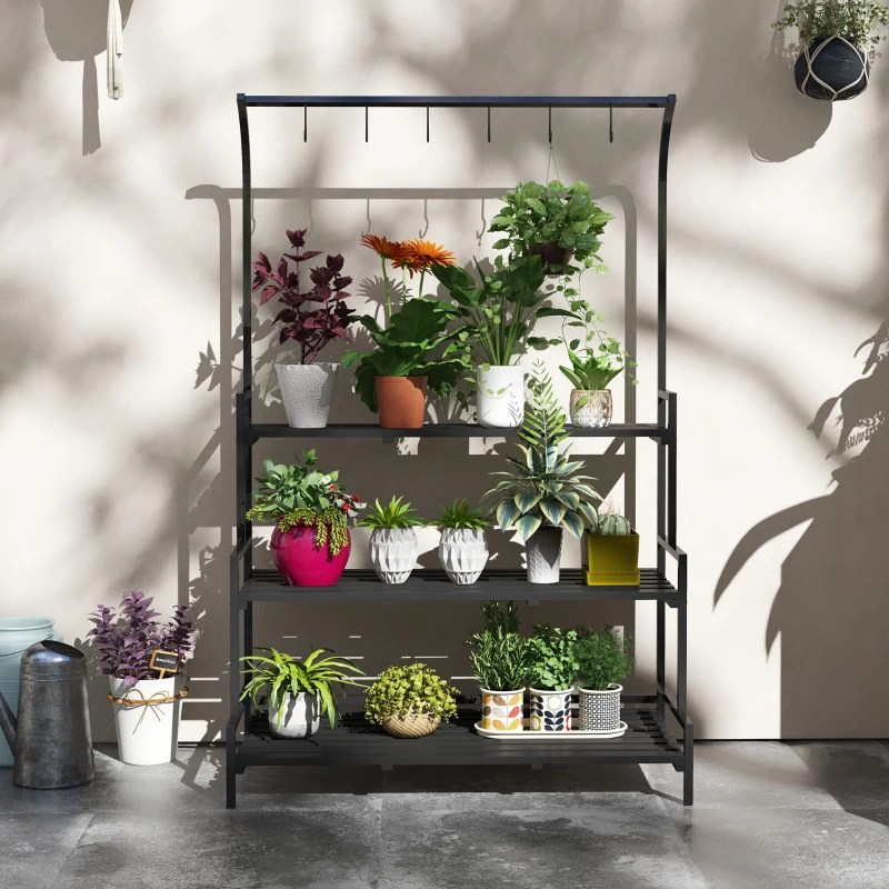 Outsunny 3 Tiered Plant Rack with Hanging Hooks, Tall Plant Stand for Indoor Outdoor Porch Balcony Use, Black