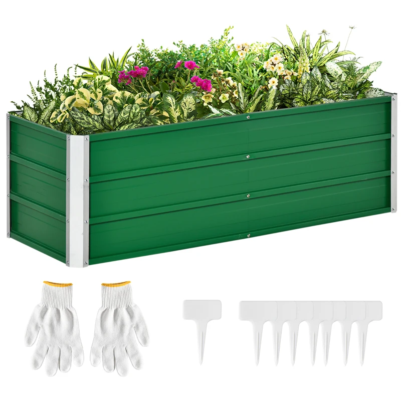Outsunny Metalen verhoogde plantenbak, 2 aparte plantgebieden, open bodem, eenvoudige montage, 125 x 47 x 40 cm, groen