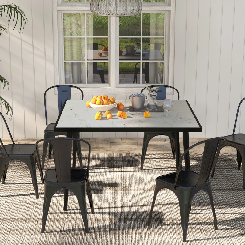 Outsunny Square Garden Table, Outdoor Dining Table for 4 with Marble Effect Tempered Glass Top and Steel Frame for Patio, White