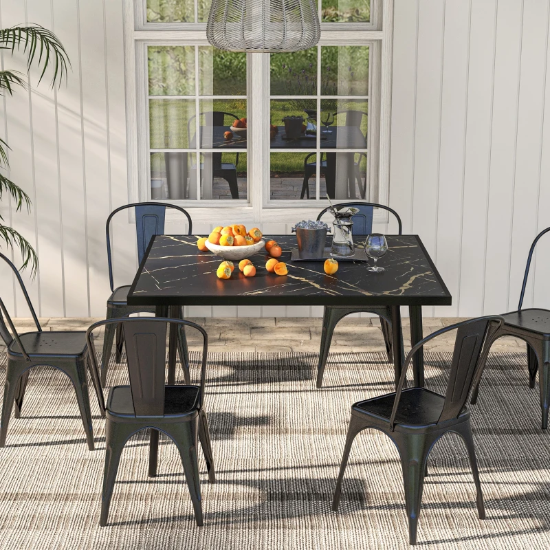 Outsunny Square Garden Table, Outdoor Dining Table for 4 with Marble Effect Tempered Glass Top and Steel Frame for Patio, Black