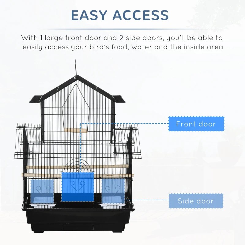 PawHut Metal Bird Cage with Plastic Swing, Perch, Food Container, Tray, Handle, for Finches, Canaries, 44.5 x 33 x 67cm