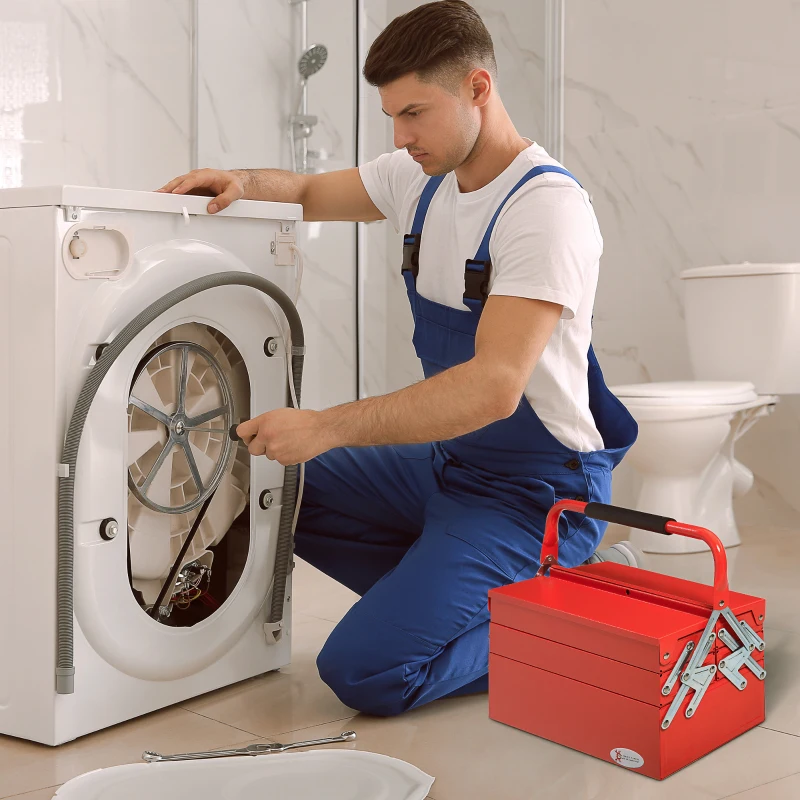 DURHAND Boite à outils métallique - coffret à outils - caisse à outils 3 niveaux 5 plateaux rétractables - tôle acier rouge