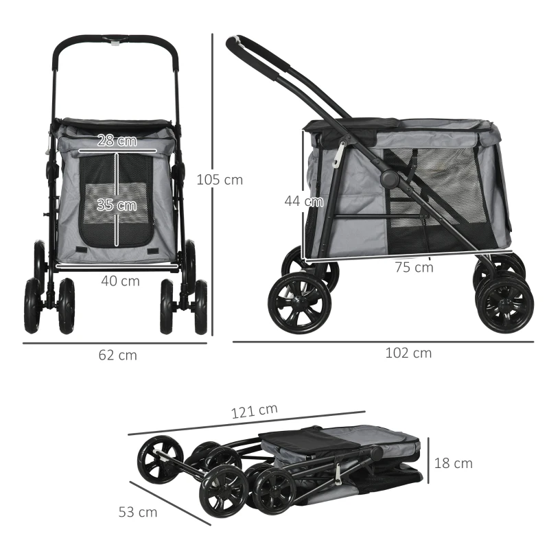 PawHut One Click Foldable Pet Stroller Dog Cat Travel Pushchair with EVA Wheels Storage Bags Mesh Windows Doors Safety Leash Cushion