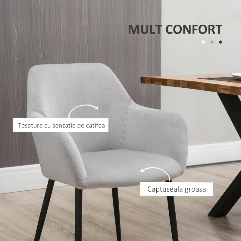 HOMCOM Set de 2 scaune de sufragerie, decorative din material textil din catifea, gri deschis